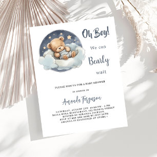 Invitation Carte Postale Baby shower ours en peluche garçon bleu lune ciel