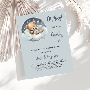 Invitation Carte Postale Baby shower ours en peluche garçon bleu nuage mign