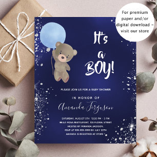 Invitation Carte Postale Baby shower ours en peluche garçon bleu parties sc