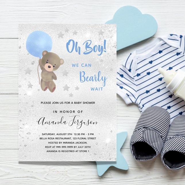 Invitation Carte Postale Baby shower ourson garçon bleu argent (Créateur téléchargé)