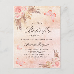 Invitation Carte Postale Baby shower papillon blush pampas herbe rose or