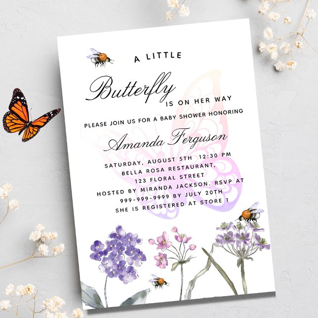 Invitation Carte Postale Baby shower papillon fleur sauvage violet rose fil (Créateur téléchargé)