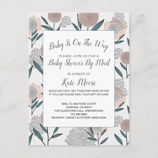 Invitation Carte Postale Baby shower Par Courrier Main Tirée Dusty Rose Flo (Devant)