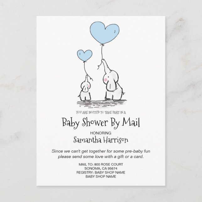 Invitation Carte Postale Baby shower Par Mail Maman Baby Elephant Boy Blue (Devant)