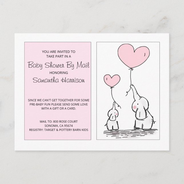 Invitation Carte Postale Baby shower Par Mail Maman Baby Elephants Rose (Devant)