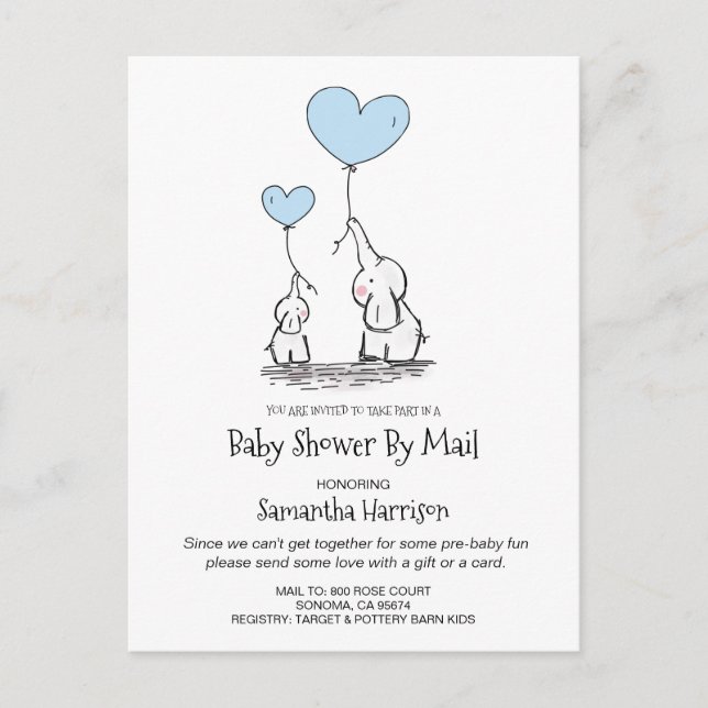 Invitation Carte Postale Baby shower Par Mail Maman Et Baby Elephant Boy Bl (Devant)