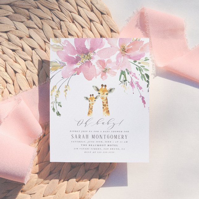 Invitation Carte Postale Baby shower Pastel Orange & Giraffe Florale Rose (Créateur téléchargé)