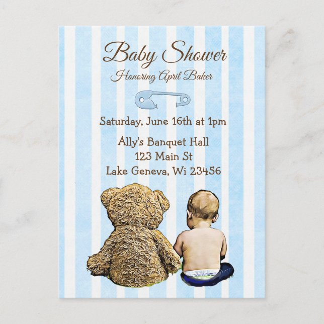 Invitation Carte Postale Baby shower pour bébé et ours en peluche Invitatio (Devant)