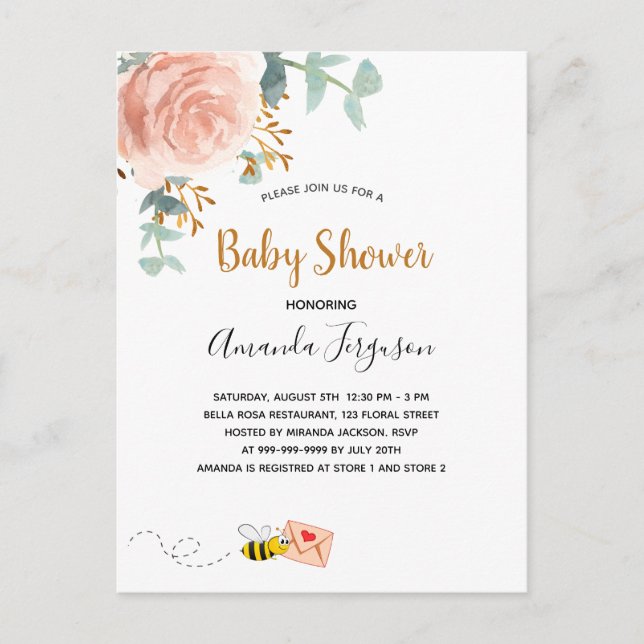 Invitation Carte Postale Baby shower rose bee bee rose fleurie fille (Devant)