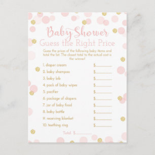 Invitation Carte Postale Baby shower rose et or Guess du prix Game Card