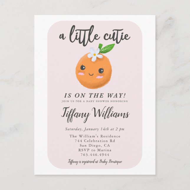 Invitation Carte Postale Baby shower rose Little Cutie (Devant)