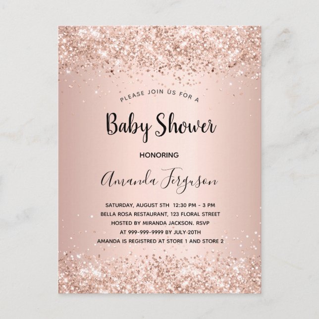 Invitation Carte Postale Baby shower rose or parties scintillant métal fill (Devant)