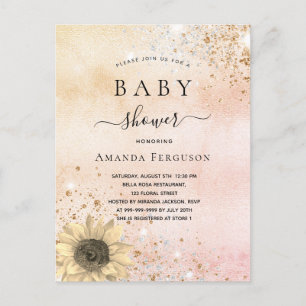 Invitation Carte Postale Baby shower rose or rustique tournesol parties sci