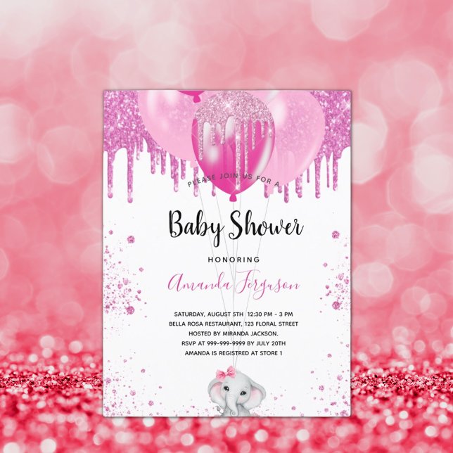 Invitation Carte Postale Baby shower rose parties scintillant ballon élépha (Créateur téléchargé)