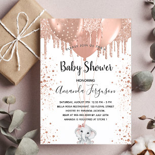 Invitation Carte Postale Baby shower rose parties scintillant d'or éléphant