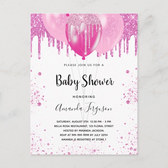 Invitation Carte Postale Baby shower rose parties scintillant fille ballons (Devant)