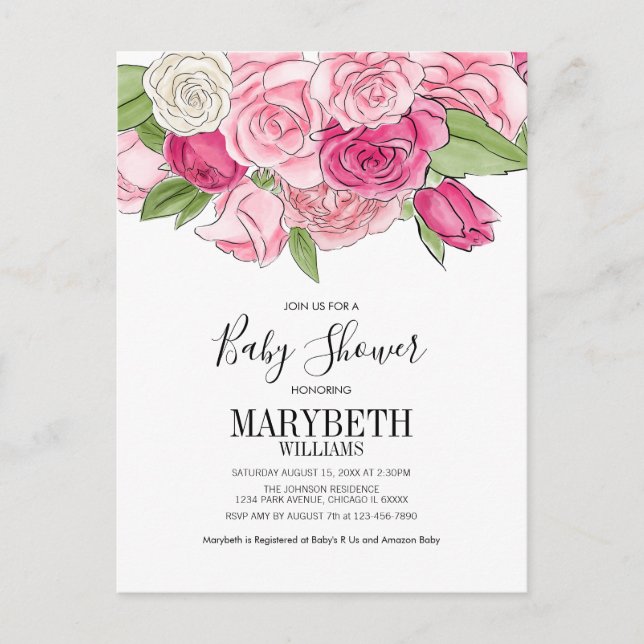 Invitation Carte Postale Baby shower Rose rose Aquarelle (Devant)