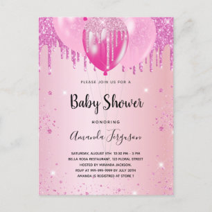 Invitation Carte Postale Baby shower rose rousse parties scintillant ballon
