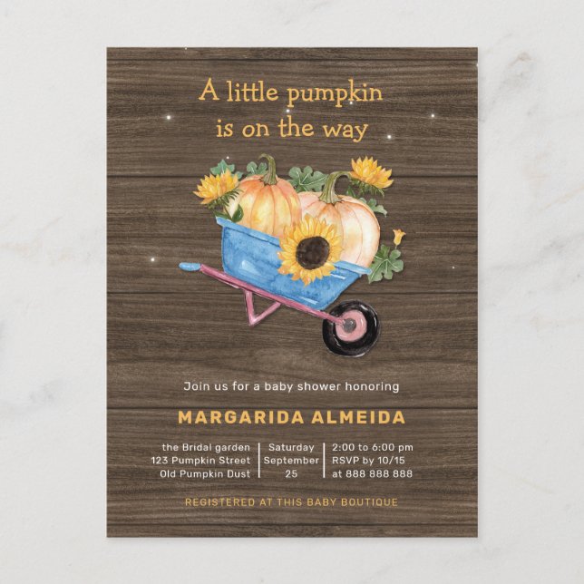 Invitation Carte Postale Baby shower Rustique Automne Petit Citrouille Auto (Devant)
