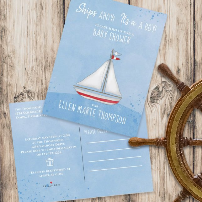 Invitation Carte Postale Baby shower Ship Ahoy C'est un registre de cadeaux (Créateur téléchargé)