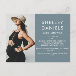 Invitation Carte Postale Baby shower simple B/W photo bleu