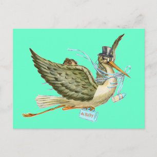 Invitation Carte Postale BABY SHOWER STORK, turquase