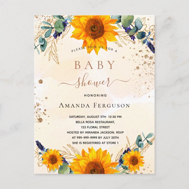 Invitation Carte Postale Baby shower tournesol eucalyptus parties scintilla (Devant)