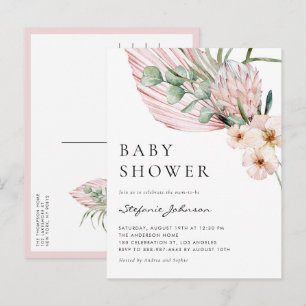 Invitation Carte Postale Baby shower tropical Protea à l'aquarelle rose