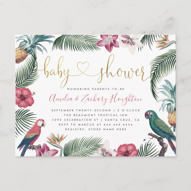 Invitation Carte Postale Baby shower Tropiques de script manuscrit or (Devant)