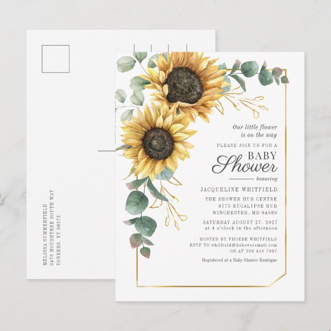 Invitation Carte Postale Baby shower vert de tournesol floral Eucalyptus (Devant / Derrière)