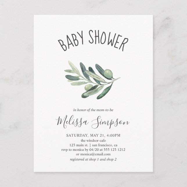 Invitation Carte Postale Baby shower vert d'olive (Devant)