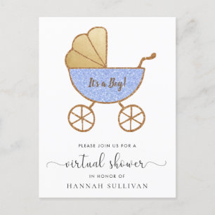 Invitation Carte Postale Baby shower virtuel Retro Carriage Blue Parties sc