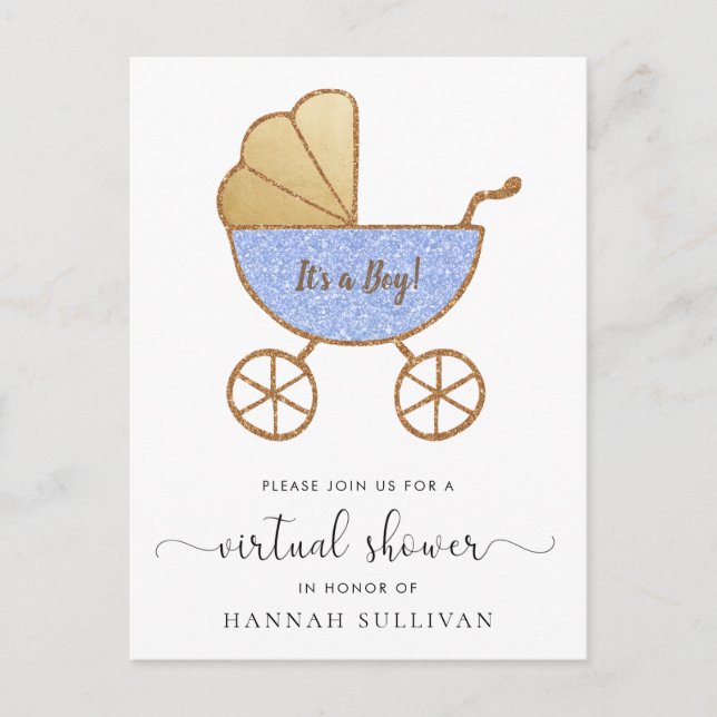 Invitation Carte Postale Baby shower virtuel Retro Carriage Blue Parties sc (Devant)