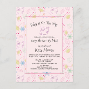Invitation Carte Postale Baby shower Whimsical Par Mail Oiseau Floral Rose