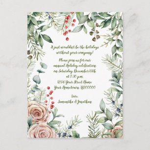 Invitation Carte Postale Baies, Eucalyptus, Pin, Roses Fête de Noël