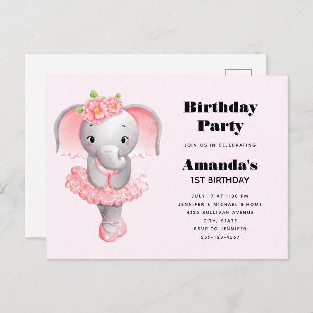 Invitation Carte Postale Ballerina Eléphant Cute Rose & Grey Anniversaire (Devant / Derrière)