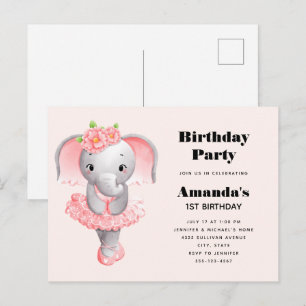 Invitation Carte Postale Ballerina Eléphant Cute Rose & Grey Anniversaire