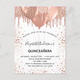 Invitation Carte Postale Ballons blancs en or rose Quinceanera