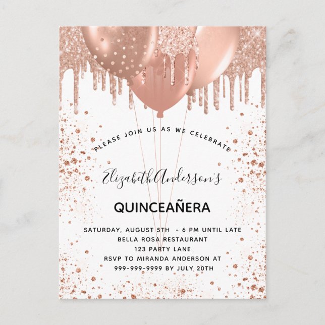 Invitation Carte Postale Ballons blancs en or rose Quinceanera (Devant)