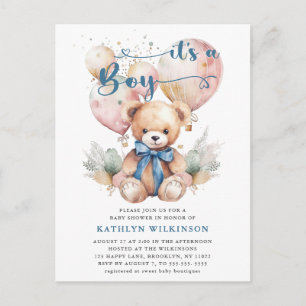Invitation Carte Postale Ballons Bleus Teddy Bear Cute Boy Baby shower