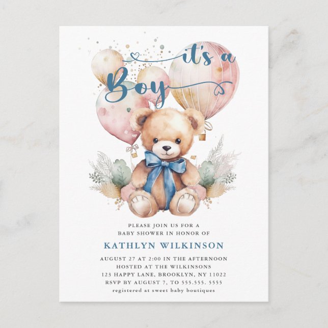Invitation Carte Postale Ballons Bleus Teddy Bear Cute Boy Baby shower (Devant)
