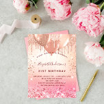Invitation Carte Postale Ballons de parties scintillant rose or rose d'anni<br><div class="desc">Pour un 21ème anniversaire élégant (ou tout âge). Arrière - plan rose or et dégradé rose. Décoré d'or rose, de gouttes de parties scintillant rose, de la peinture goutte à goutte et des ballons. Personnalisez et ajoutez un nom, 21 ans et les détails de la fête. Le nom est écrit...</div>