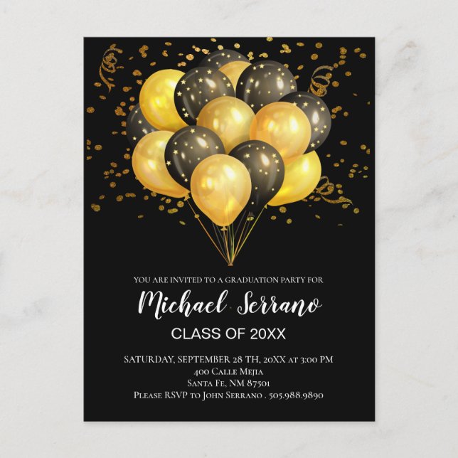 Invitation Carte Postale Ballons Noir Or Et Parti De Graduation Confetti (Devant)