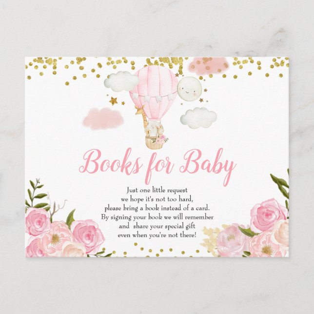 Invitation Carte Postale Balloon Animaux à air chaud rose Livres pour bébé (Devant)