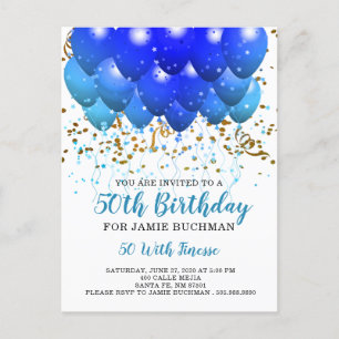 Invitation Carte Postale Balloons Confetti en Blanc 50e fête d'anniversaire