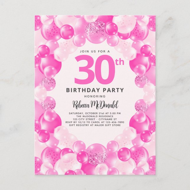 Invitation Carte Postale Balloons roses Faux Parties scintillant Amusants 3 (Devant)