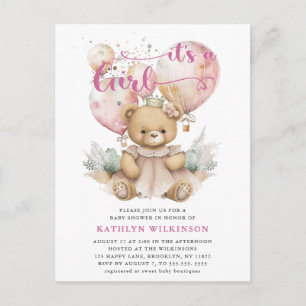 Invitation Carte Postale Balloons roses Ours en Teddy Floral Girl Baby show