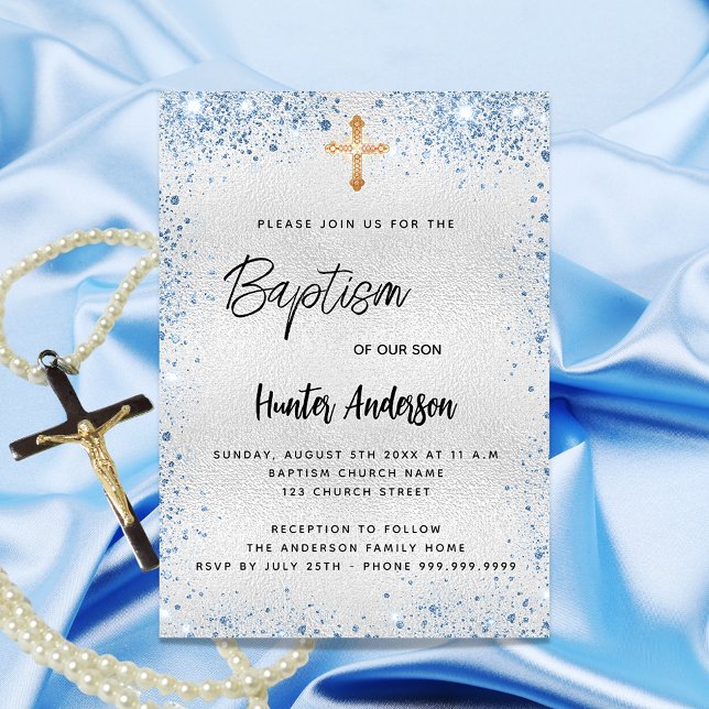 Invitation Carte Postale Baptême argent bleu garçon or croix scintillants (Créateur téléchargé)