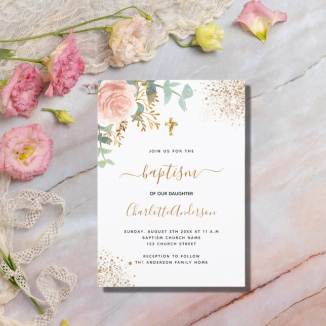 Invitation Carte Postale Baptême eucalyptus verdure rose or floral (Créateur téléchargé)
