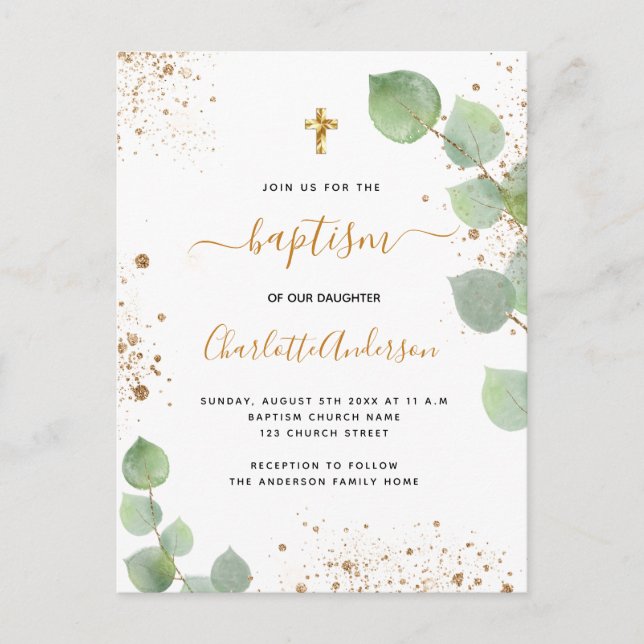 Invitation Carte Postale Baptême eucalyptus vert parties scintillant script (Devant)